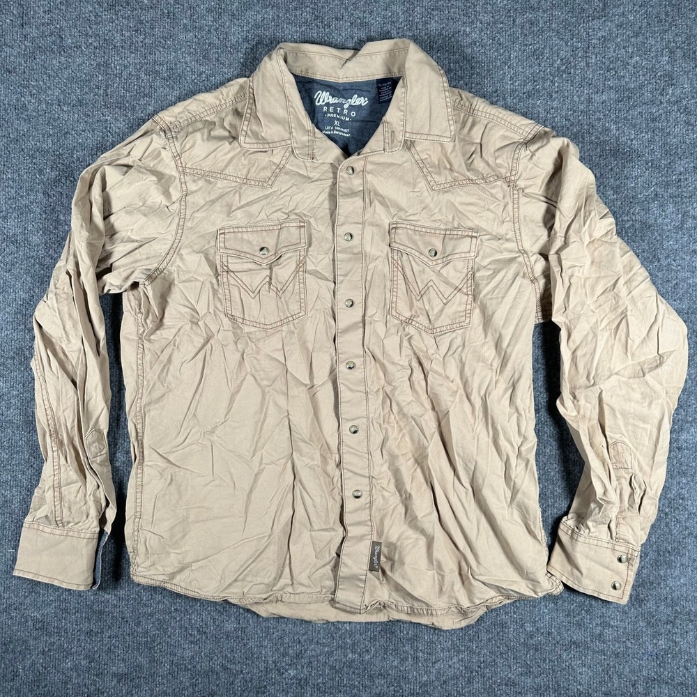 Wrangler Shirt Mens XL Tan Retro Premium Long Sleeve Pearl Snap Western